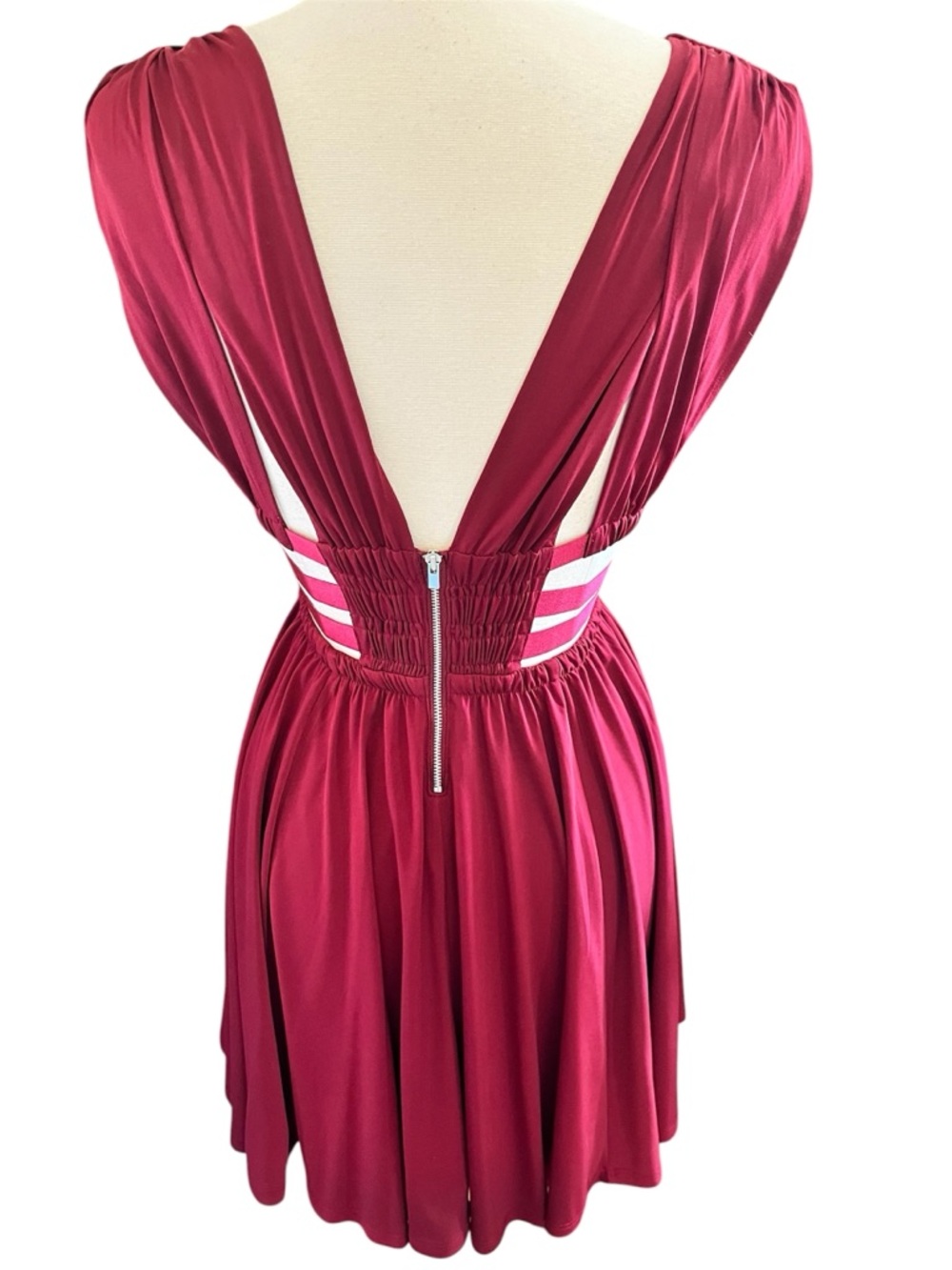 Express Burgundy Greek Goddess Style Mini Dress elastic ribbon Waistband Size S - Picture 4 of 11